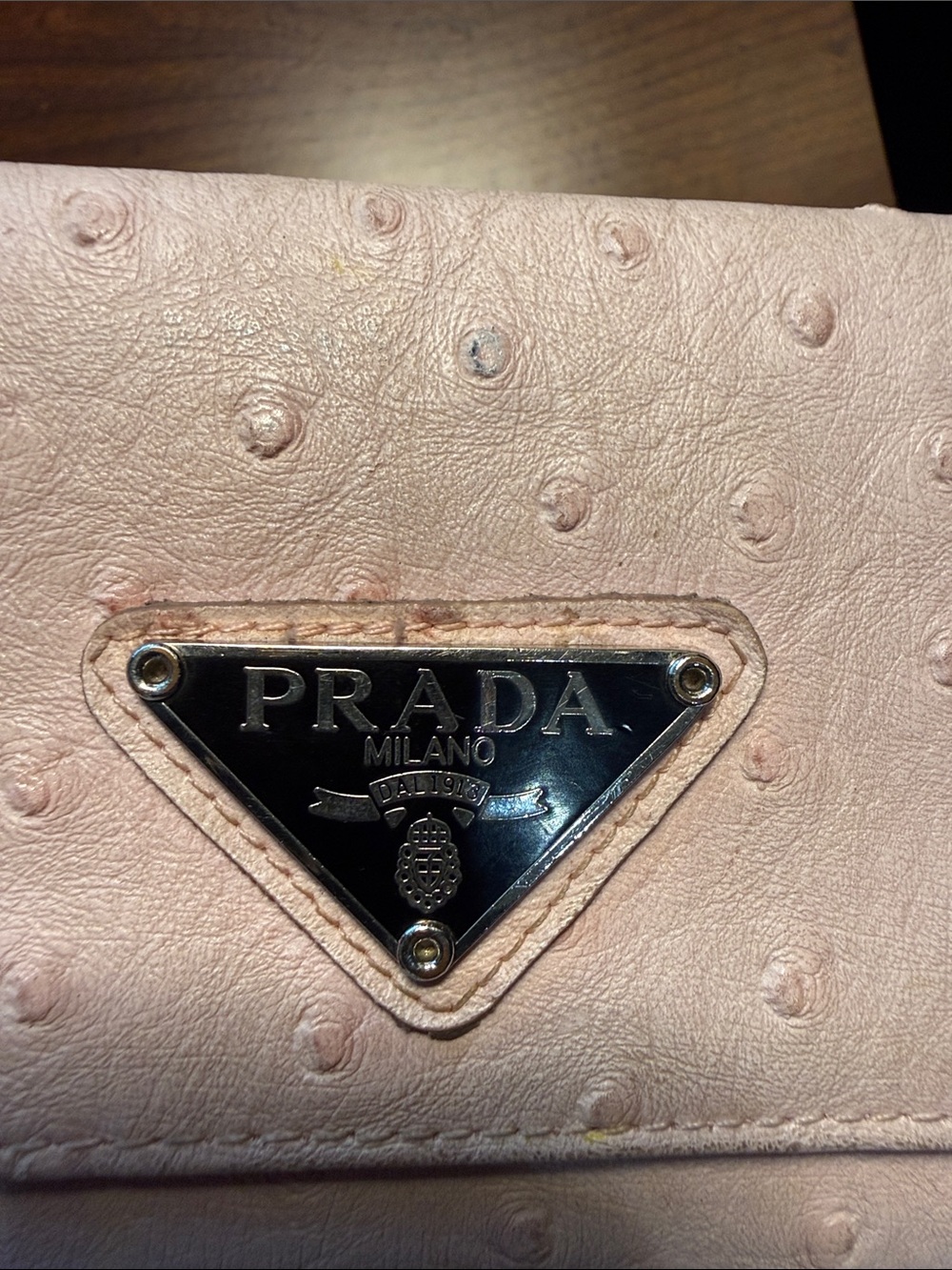 Prada Beige Ostrich-Embossed Leather Fold Wallet with Logo Plaque - Picture 2 of 5
